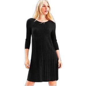 Eileen Fisher Fine Italian Wool Black Ribbed Knit Long Sleeve Midi Sweater Dress